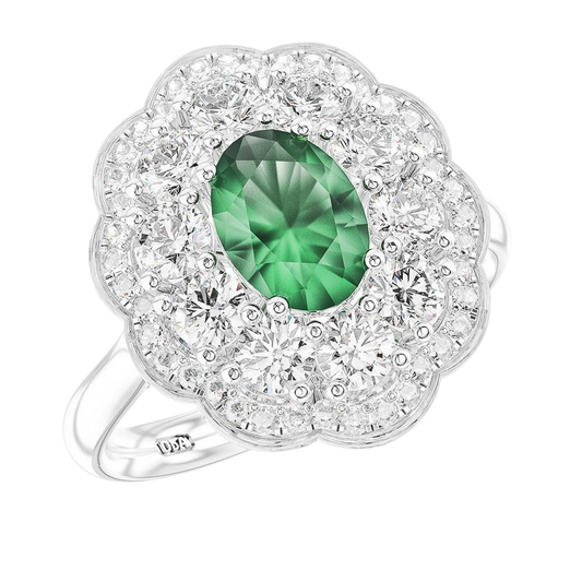 Platinum Oval Emerald & Diamond Double Cluster Ring On A Transparent Background