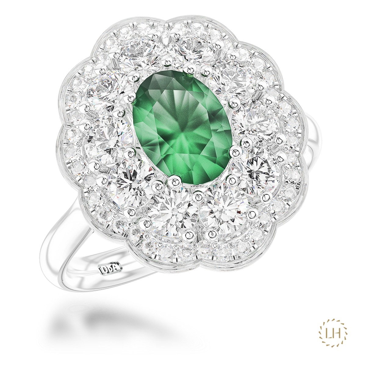 Platinum Oval Emerald & Diamond Double Cluster Ring On A Transparent Background