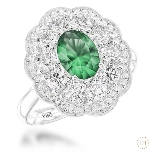 Platinum Oval Emerald & Diamond Double Cluster Ring On A Transparent Background