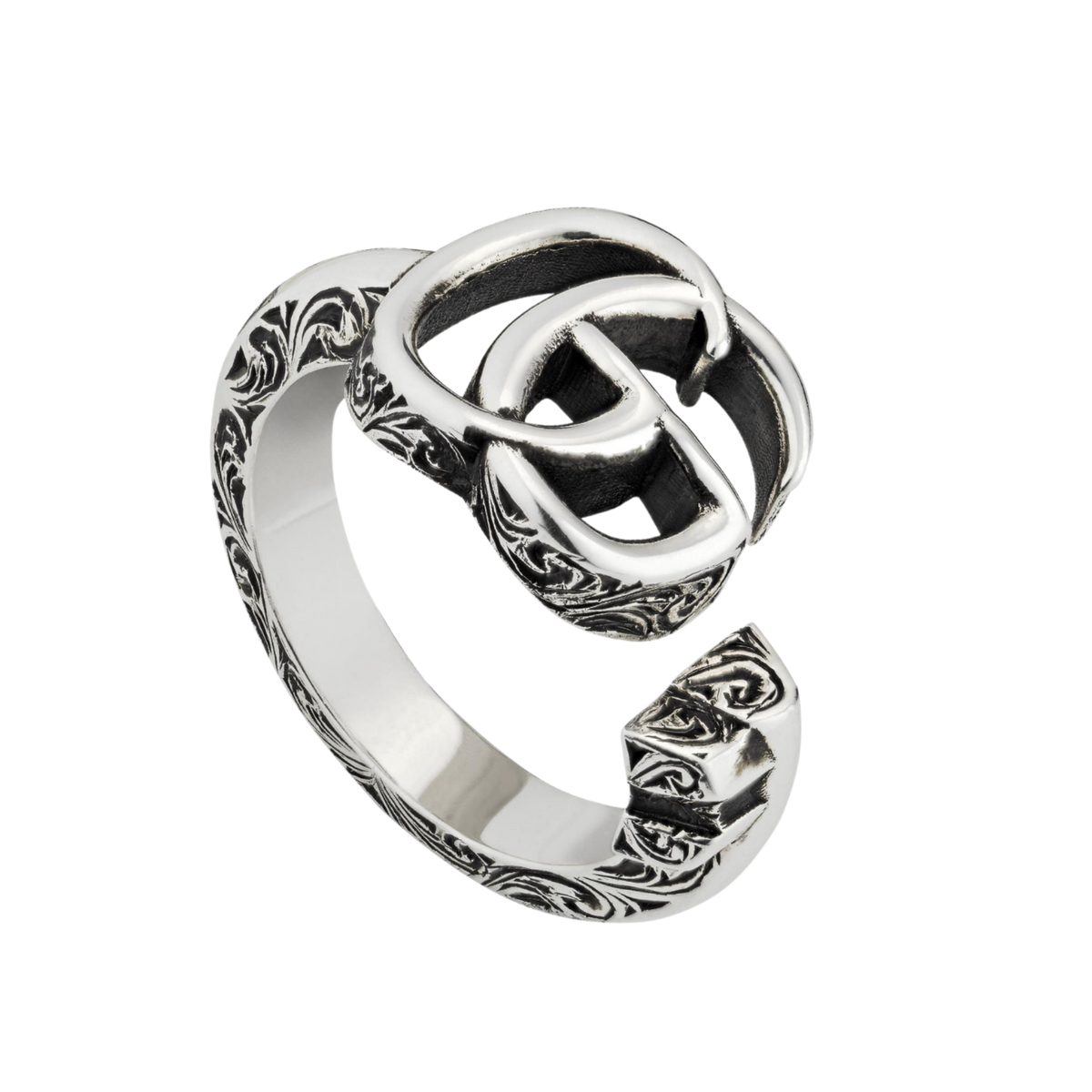 Gucci GG Marmont open ring in sterling silver with the iconic Double G design and a clean, timeless finish. Easy to wear every day.