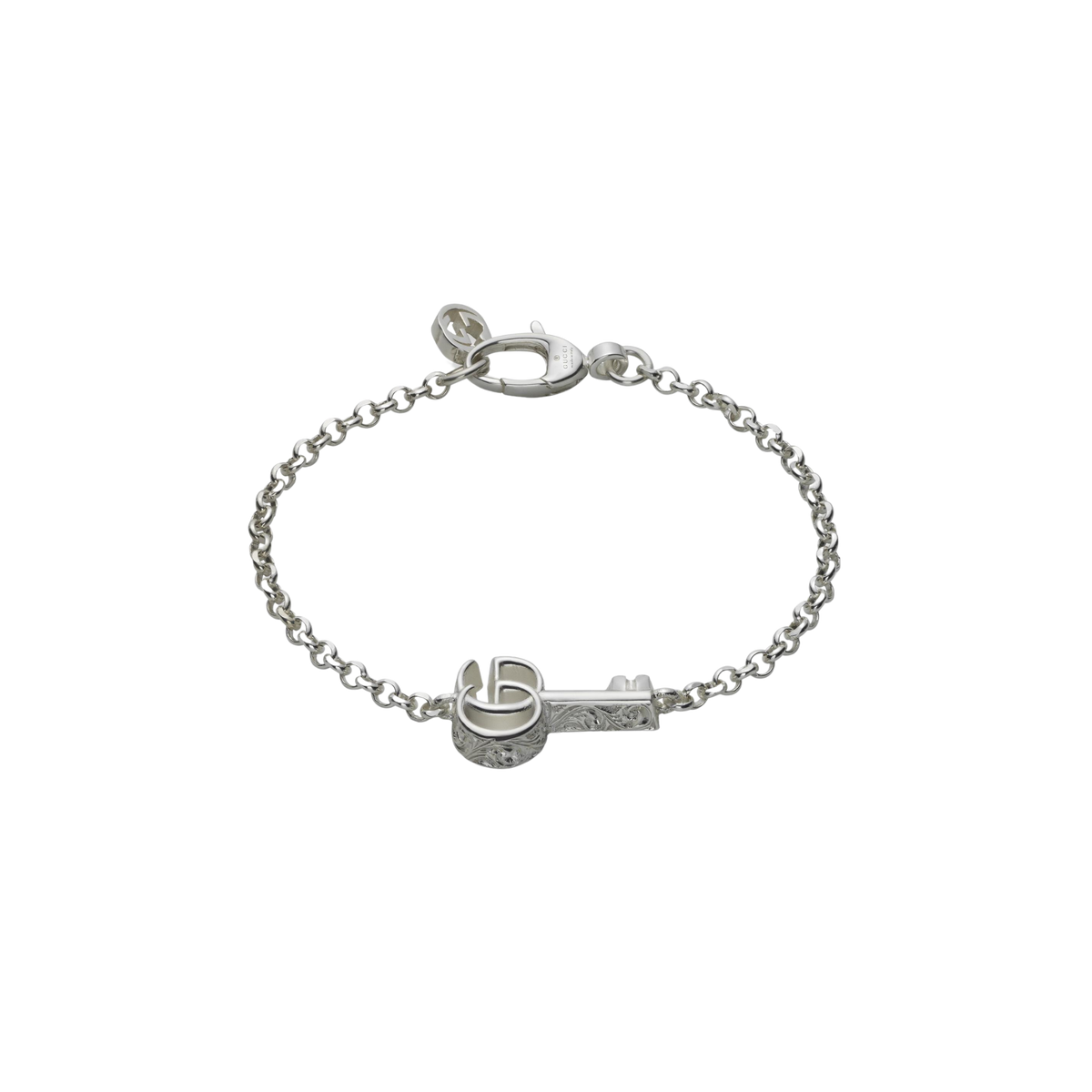 Sophisticated and effortlessly stylish, this Gucci sterling silver bracelet features an intricate key-inspired design with signature detailing. A modern luxury accessory crafted for those who appreciate timeless designer jewellery.