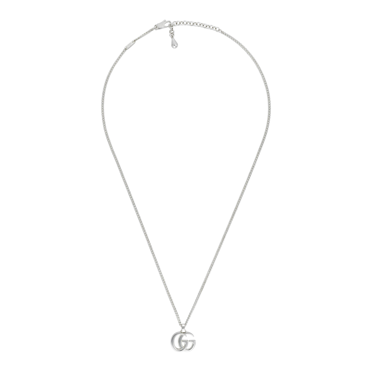Elegant and instantly recognisable, this Gucci silver necklace features the iconic double G pendant suspended from a fine chain. A timeless designer piece that adds effortless sophistication to everyday and occasion styling.
