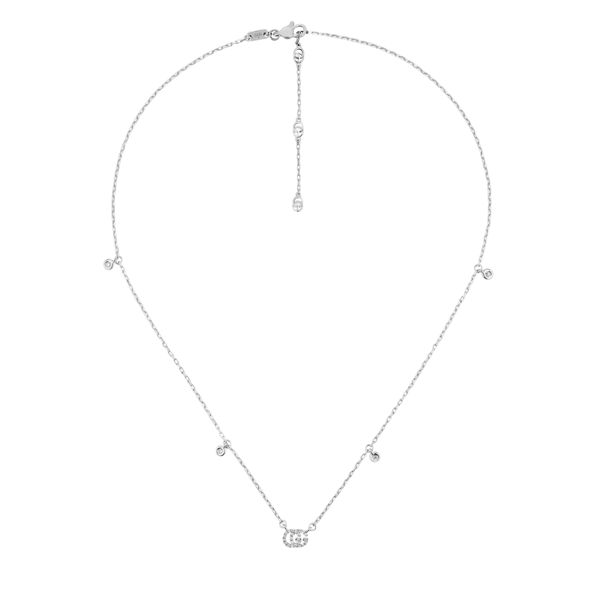 Crafted in radiant 18ct white gold, this Gucci GG Running diamond necklace showcases the iconic double G motif with brilliant diamond detailing for a refined luxury finish. 