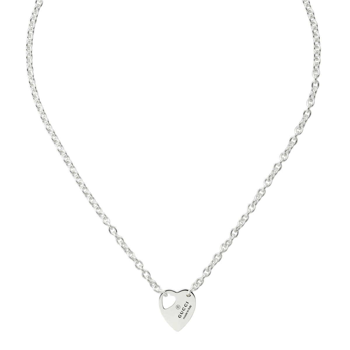 Understated yet instantly recognisable, this Gucci heart necklace combines polished sterling silver with engraved Trademark detailing for a sleek finish.