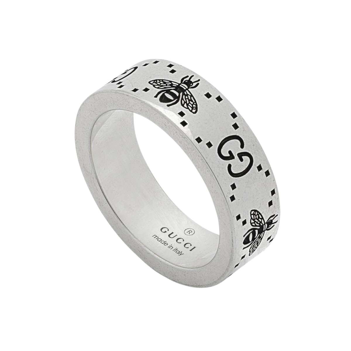 Crafted in sterling silver, this Gucci ring features the iconic GG logo and signature bee motif engraved across a sleek contemporary band. 