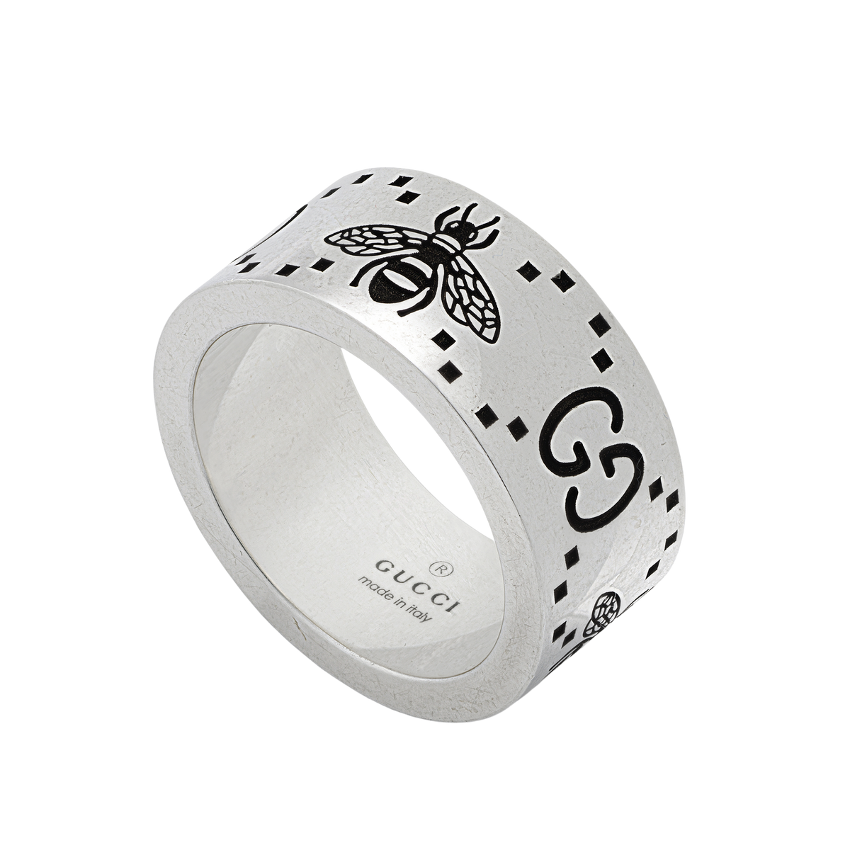 A bold choice for everyday wear, this Gucci Signature 9mm Ring in size 19 pairs engraved GG and bee motifs with sterling silver for a look that's confident without being overdone.