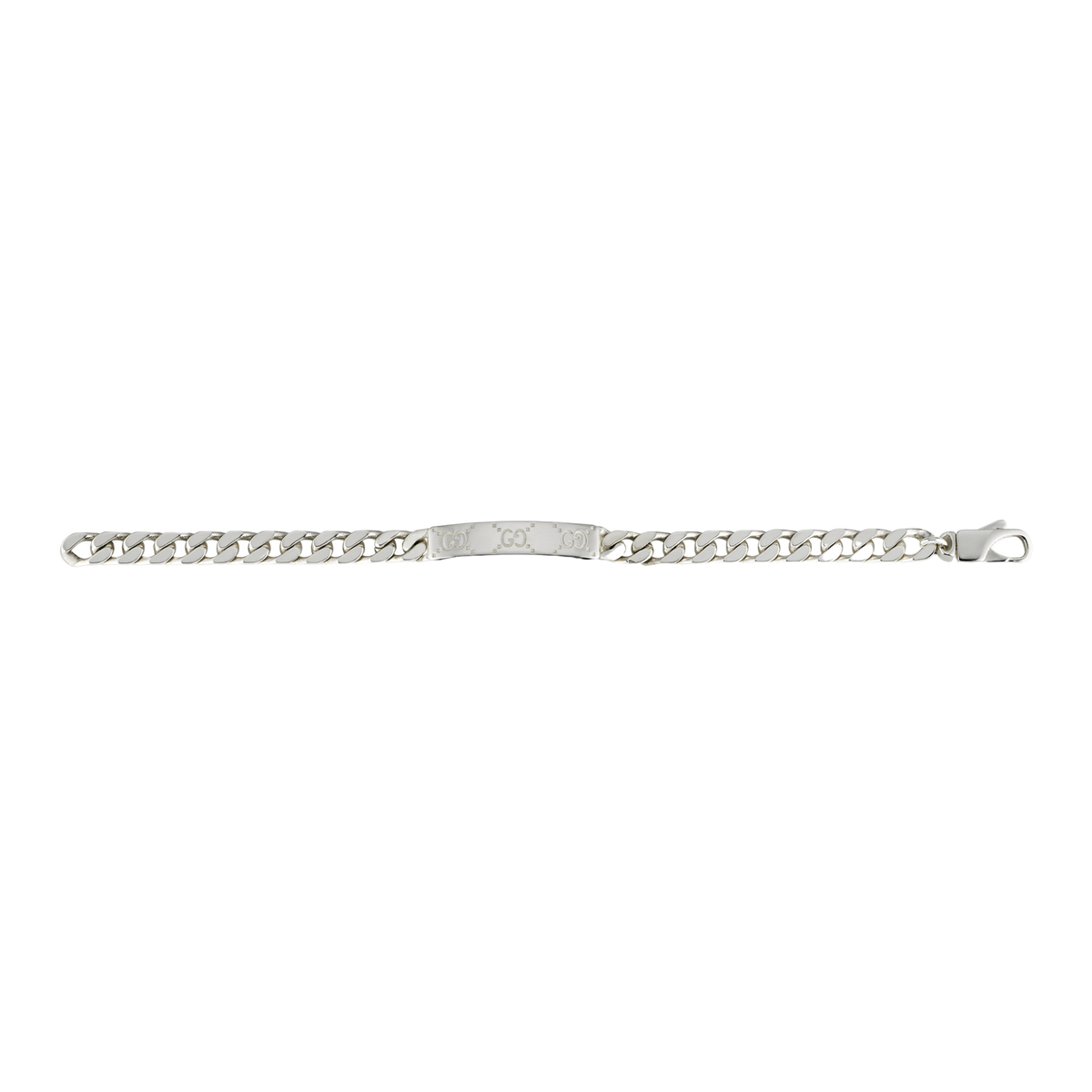 Crafted with Gucci’s unmistakable attention to detail, this sterling silver bracelet offers a clean and contemporary interpretation of the house’s signature style. The engraved GG tag sits on a fine chain, delivering a balance of bold branding and refined simplicity. A timeless accessory that adds quiet luxury to any look.