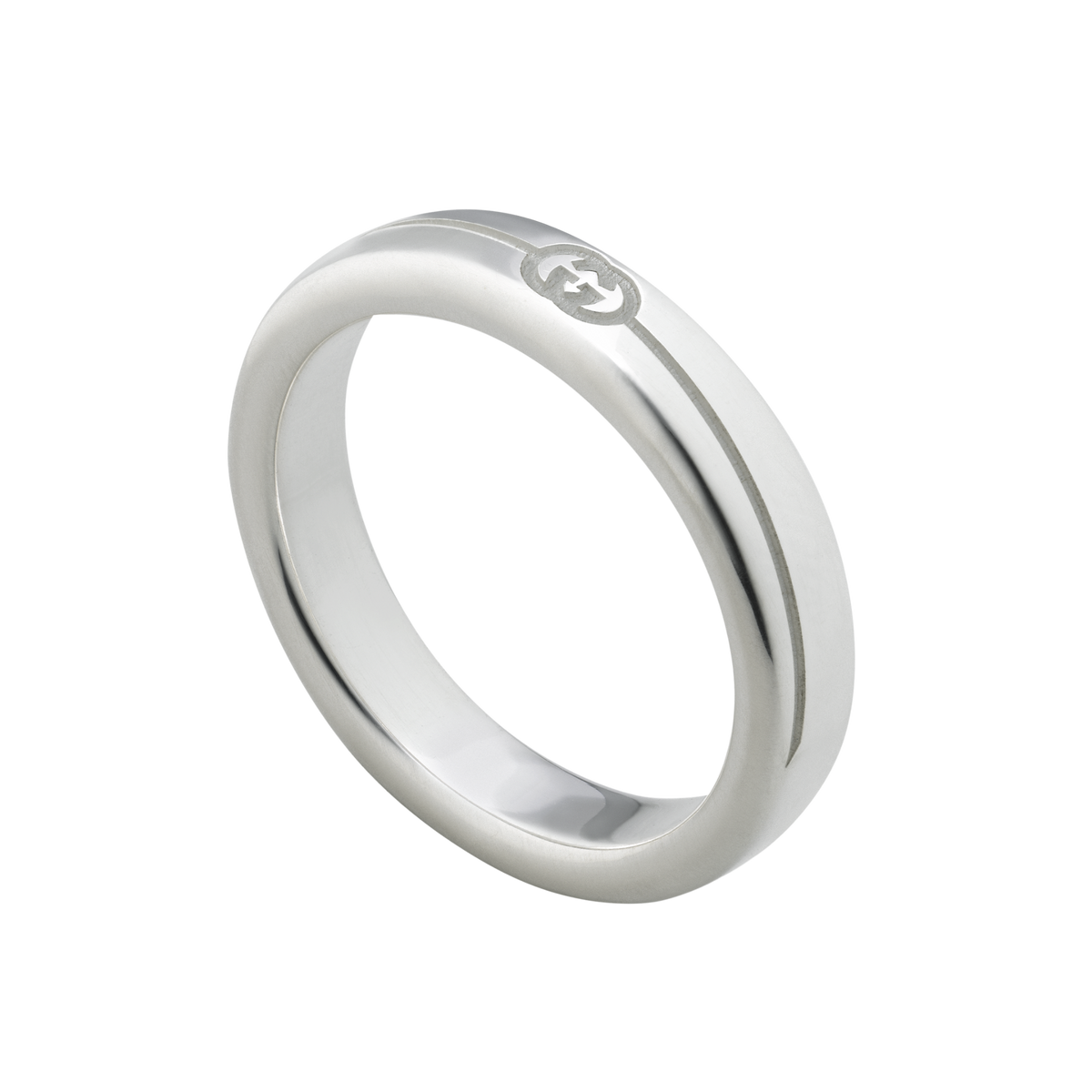 Bring subtle designer styling to your collection with this Gucci 4mm Interlocking G Ring in size 14. Its slim sterling silver profile and diagonal engraving create a refined finish that's easy to wear every day.