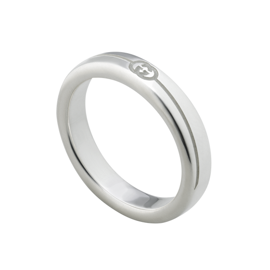 Bring subtle designer styling to your collection with this Gucci 4mm Interlocking G Ring in size 14. Its slim sterling silver profile and diagonal engraving create a refined finish that's easy to wear every day.