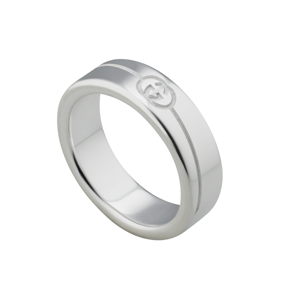 Make a confident statement with this Gucci 6mm Interlocking G Ring in size 16. The wider sterling silver band and signature diagonal engraving deliver a bold yet timeless designer look.