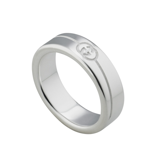 Make a confident statement with this Gucci 6mm Interlocking G Ring in size 16. The wider sterling silver band and signature diagonal engraving deliver a bold yet timeless designer look.
