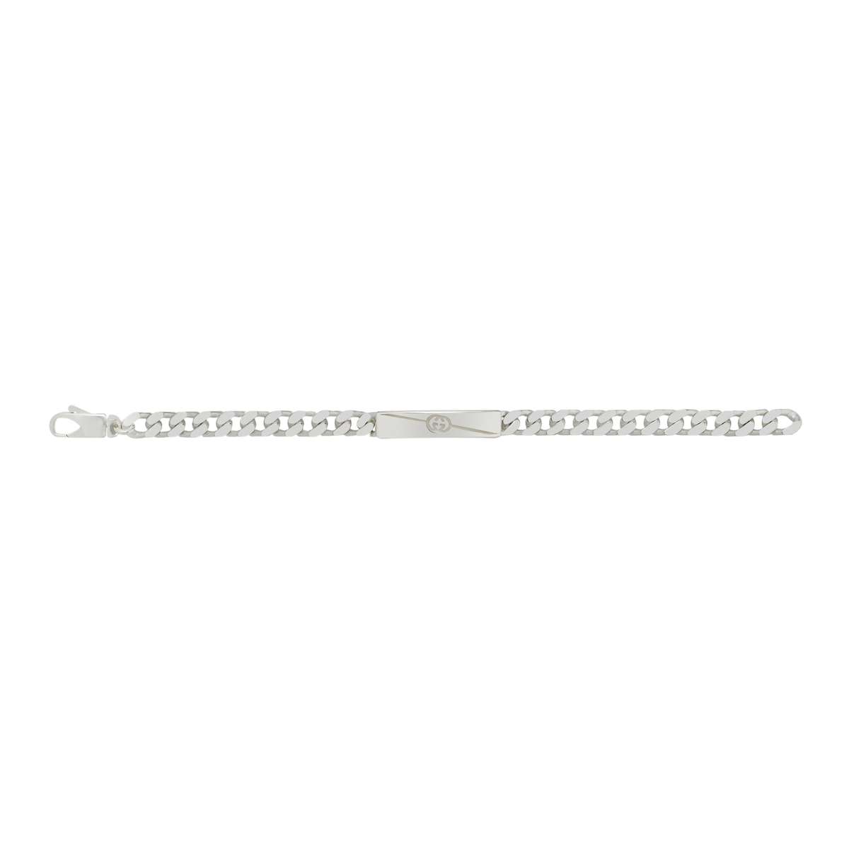 Built to leave a lasting impression, this size 20 Gucci Interlocking sterling silver bracelet features a weighty chain and signature engraved finish, bringing unmistakable designer style to every outfit.