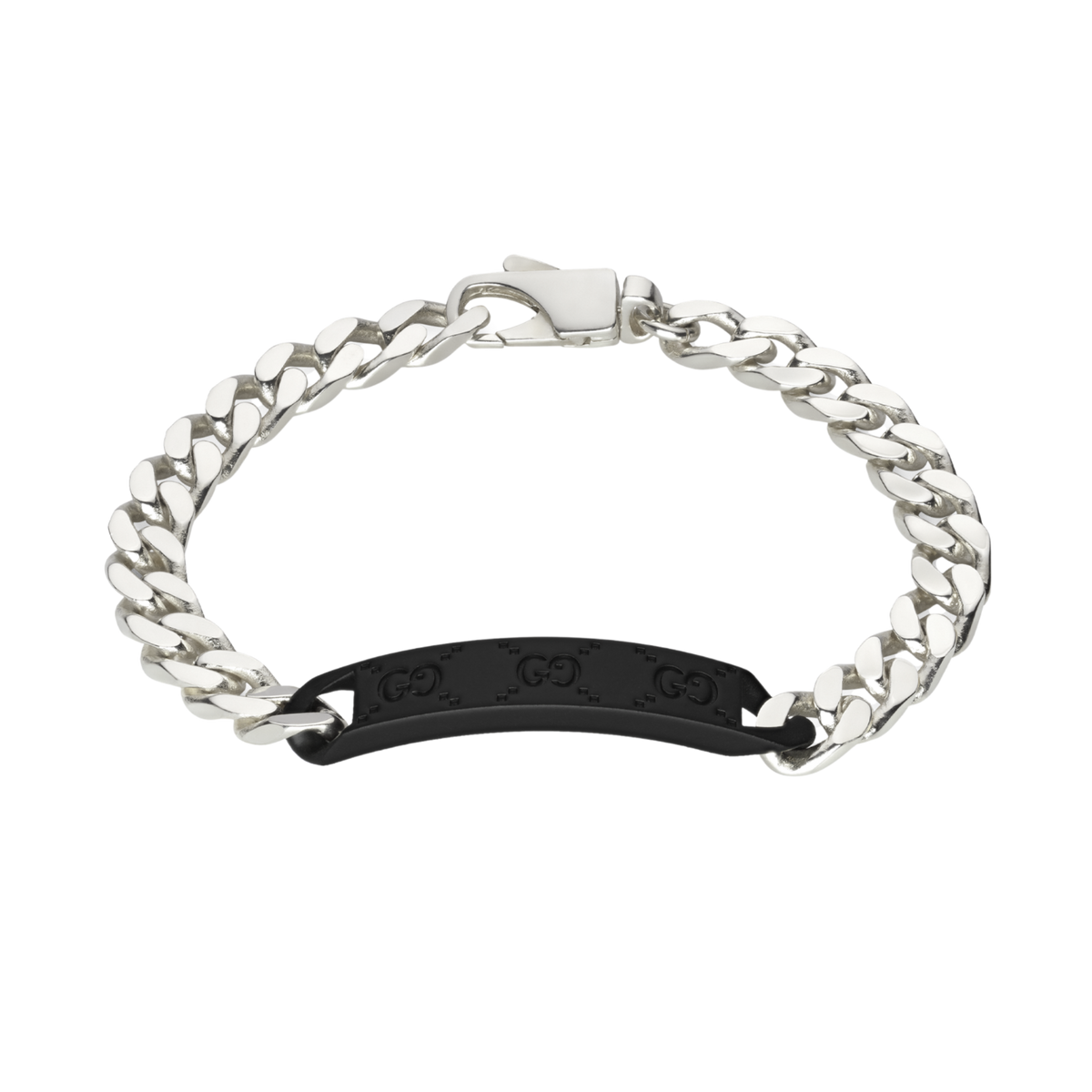 Front facing view of 925 sterling silver chain Gucci bracelet with the iconic interlocking GG logo.
