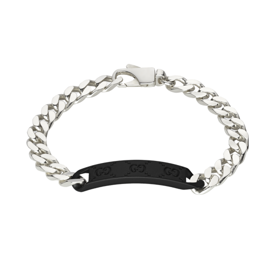 Front facing view of 925 sterling silver chain Gucci bracelet with the iconic interlocking GG logo.