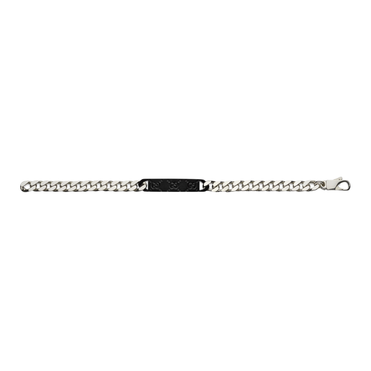 Upclose view of Gucci Tag collection bracelet in 925 sterling silver. 