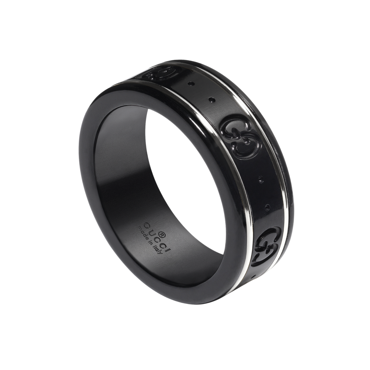 Bold, contemporary, and unmistakably Gucci, this Icon ring combines polished 18ct white gold with a striking black synthetic corundum band.