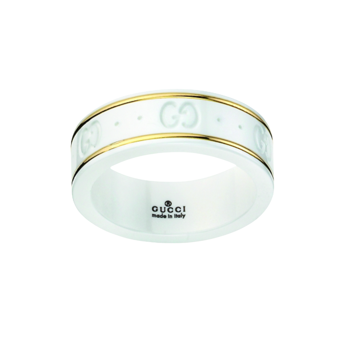 Close-up of the Gucci ring with polished zirconia band and gold accents