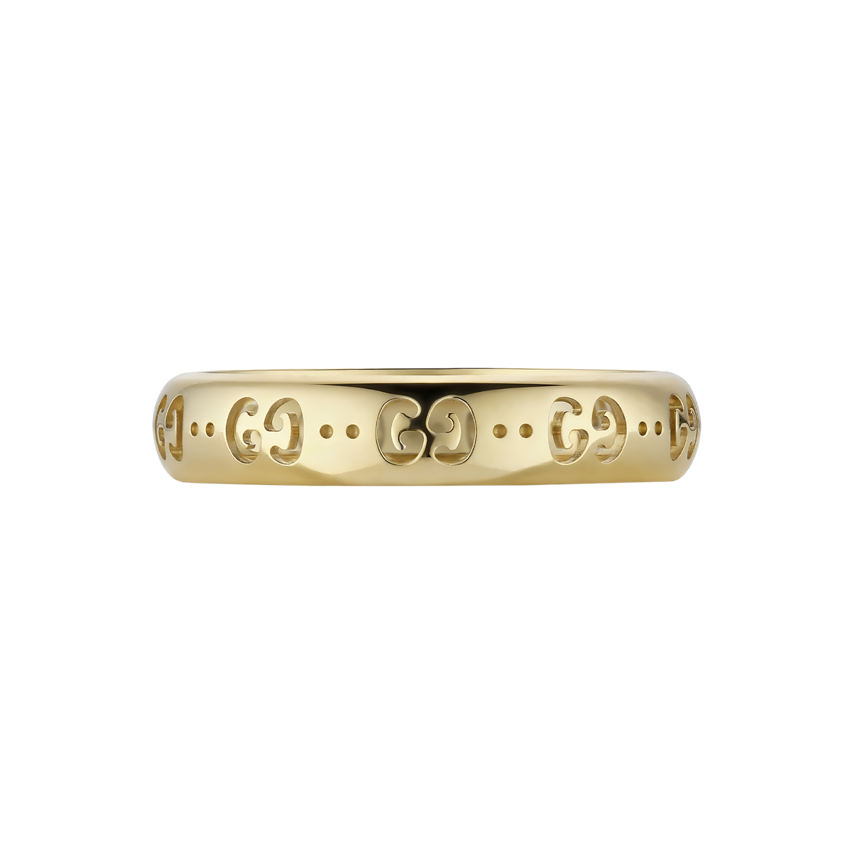 Elegant and unmistakably Gucci, the Icon 18ct Yellow Gold Ring features a smooth rounded band with the signature cut-out GG detailing flowing around the entire design.
