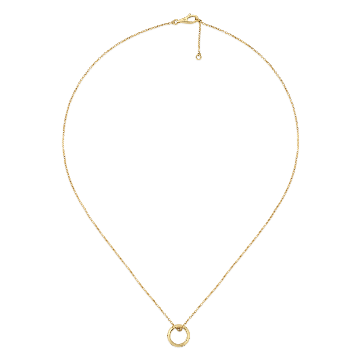 The Gucci Icon 18ct Yellow Gold Necklace features a polished circular pendant suspended from a delicate 42cm chain, bringing timeless elegance to everyday styling.