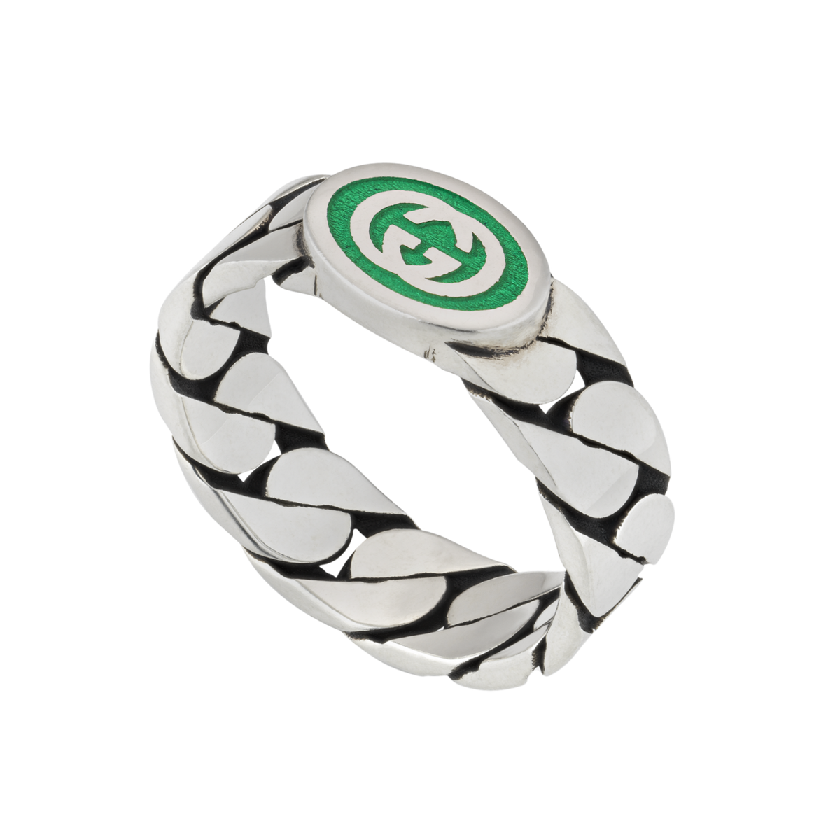 Contemporary yet instantly recognisable, this Gucci sterling silver ring showcases the house’s iconic Interlocking G emblem with eye-catching green enamel detailing.