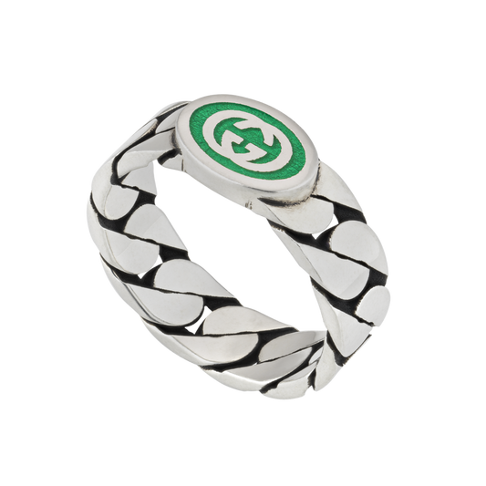 Contemporary yet instantly recognisable, this Gucci sterling silver ring showcases the house’s iconic Interlocking G emblem with eye-catching green enamel detailing.