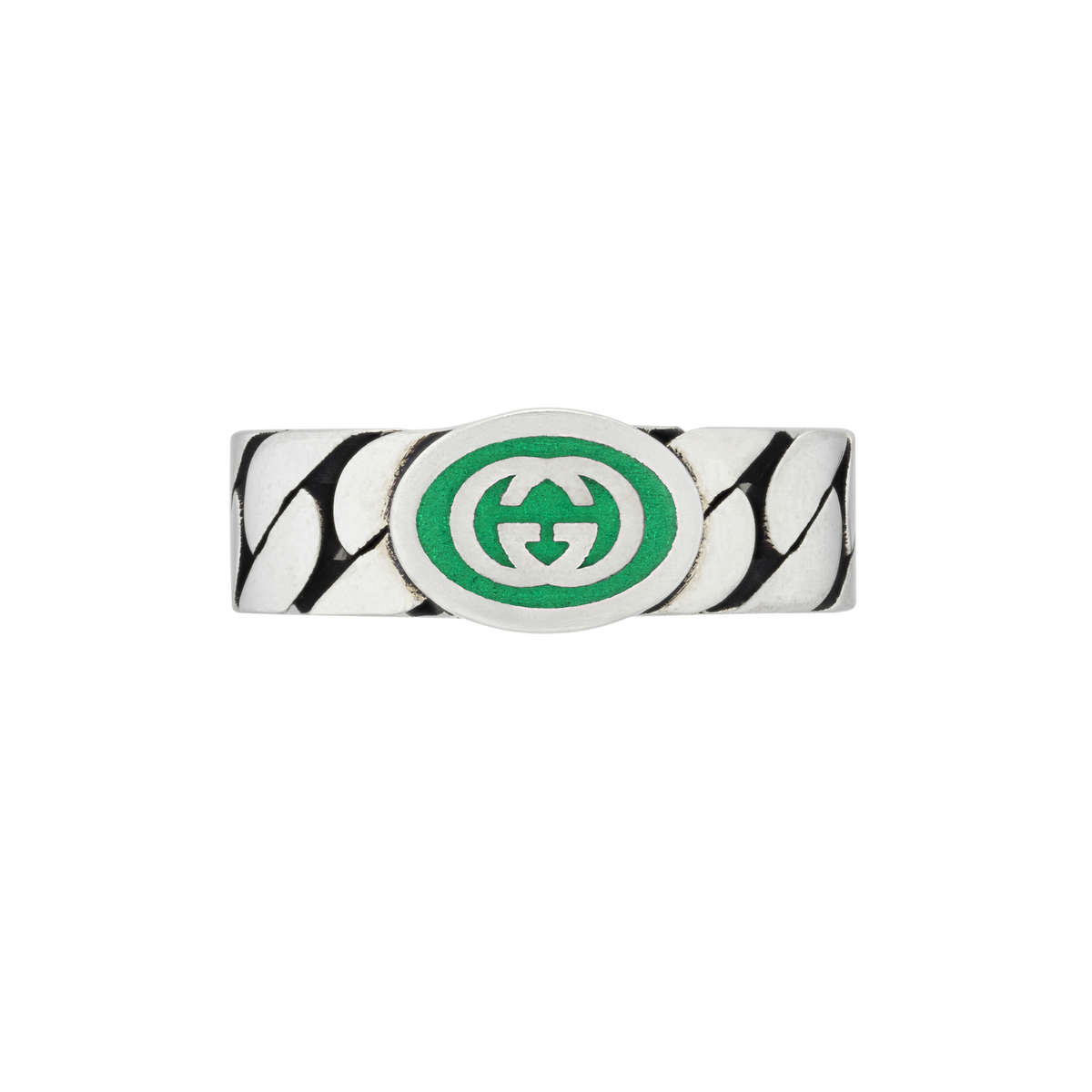 A bold take on Gucci’s signature jewellery styling, this Interlocking G ring combines polished sterling silver with striking green enamel detailing. The 6mm gourmette-inspired band is finished with the iconic double G motif, creating a contemporary designer piece that balances statement style with everyday wearability.