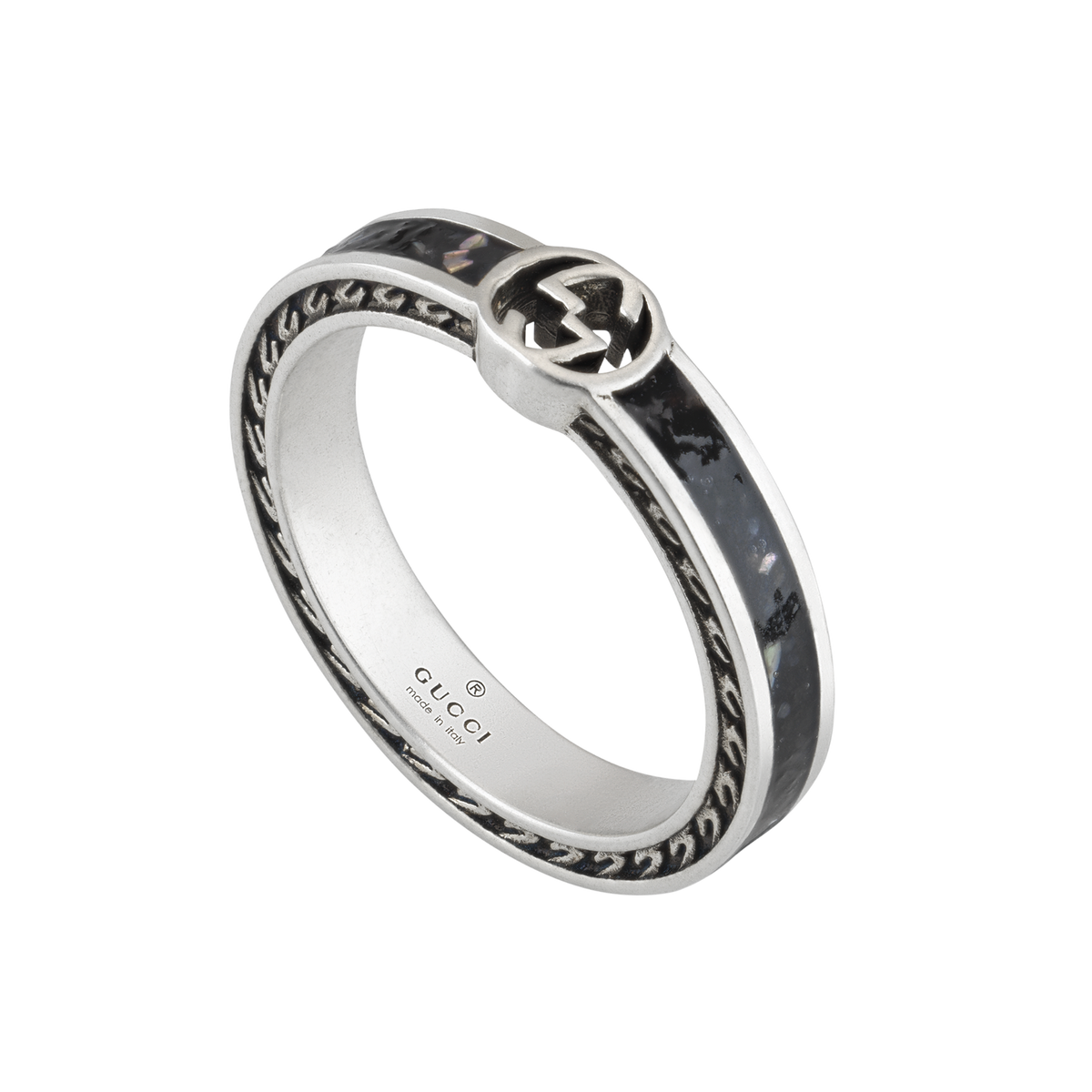 Sleek and contemporary, this Gucci Interlocking G Ring in size 11 pairs sterling silver with black enamel for a bold finish, complete with the House's iconic double G design.