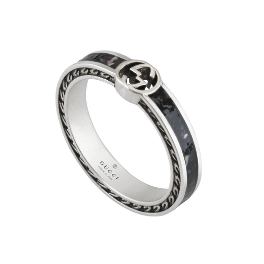 Sleek and contemporary, this Gucci Interlocking G Ring in size 11 pairs sterling silver with black enamel for a bold finish, complete with the House's iconic double G design.