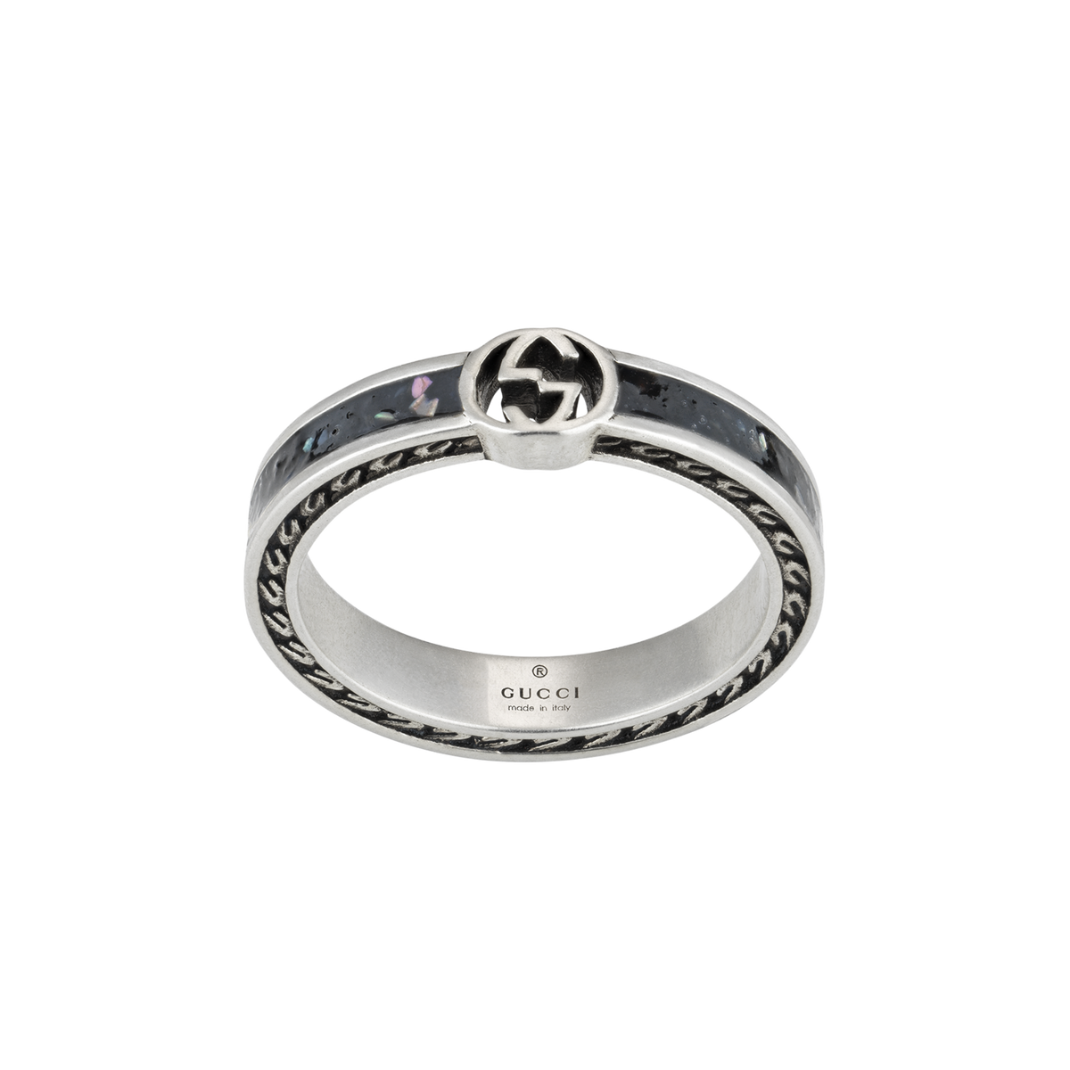 This Gucci size 11 ring offers everyday style with a distinctive twist. The polished sterling silver band and black enamel create a striking contrast that's effortlessly wearable.