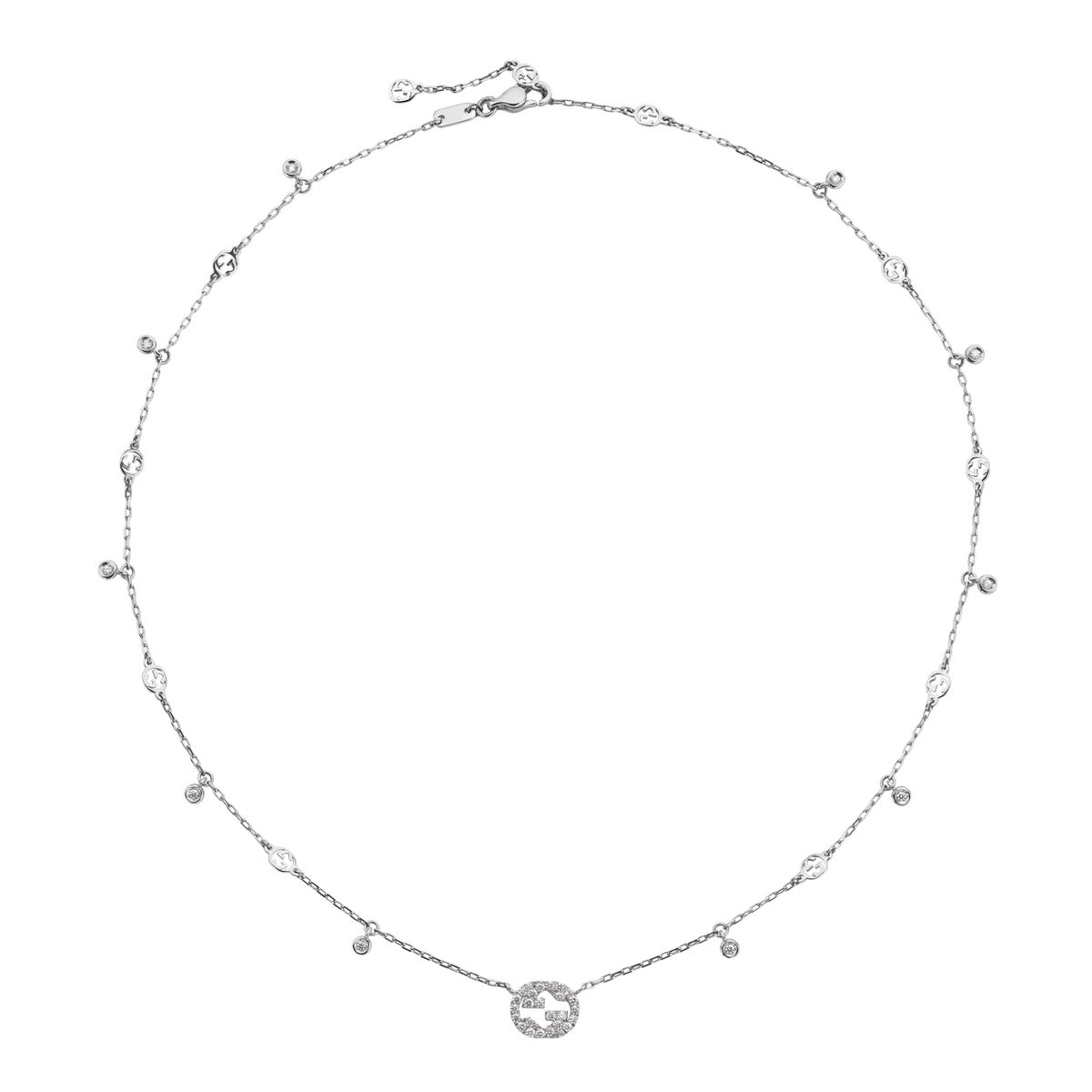 Designed to shine from every angle, this Gucci 42cm Interlocking G Necklace showcases 18ct white gold, sparkling diamonds and the iconic House motif for refined everyday luxury.