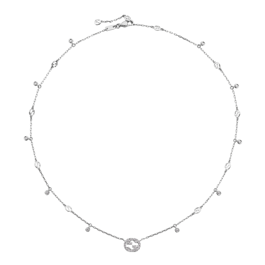 Designed to shine from every angle, this Gucci 42cm Interlocking G Necklace showcases 18ct white gold, sparkling diamonds and the iconic House motif for refined everyday luxury.