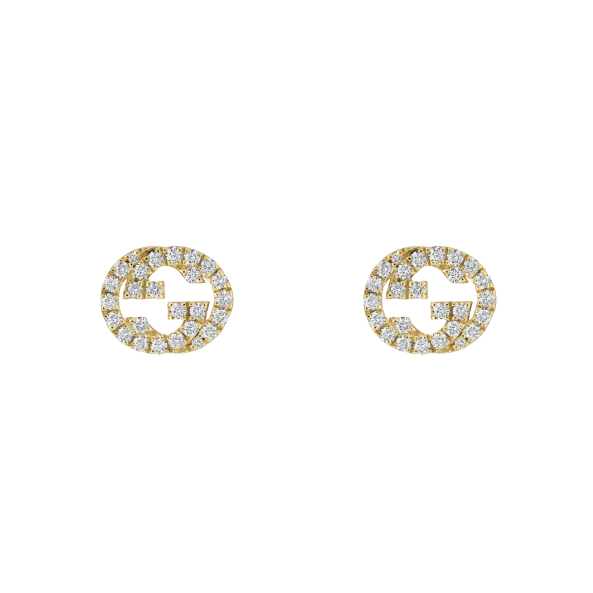 Elegant, minimal, and unmistakably Gucci, these stud earrings feature the iconic Interlocking G motif crafted in 18ct yellow gold and accented with brilliant diamonds