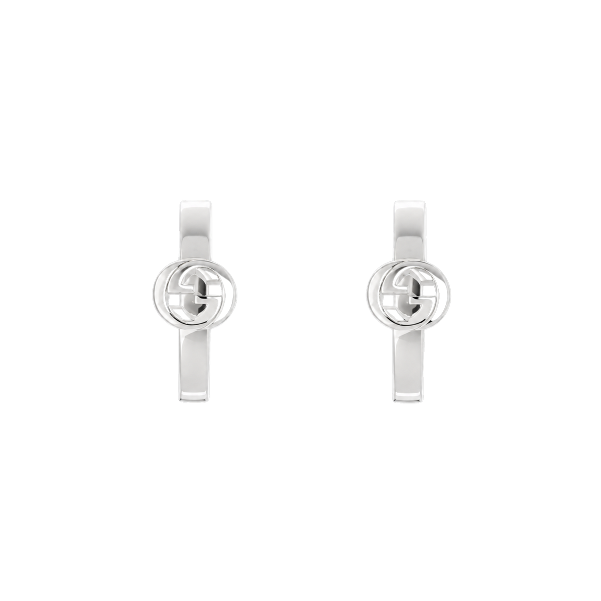 These Gucci sterling silver hoop earrings showcase the brand’s iconic Interlocking G emblem in a sleek, minimalist design. 