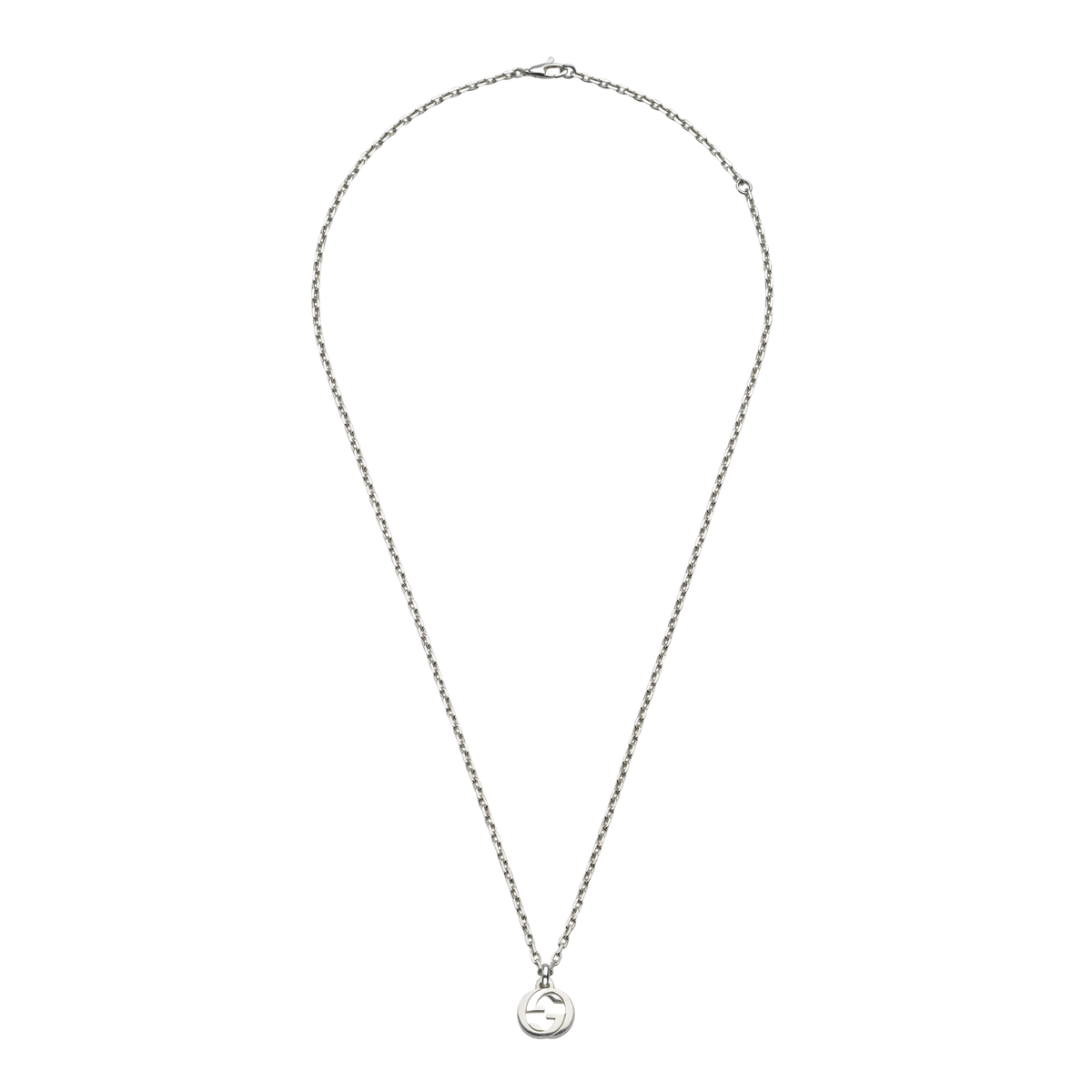 Sophisticated and effortlessly modern, this Gucci Interlocking G sterling silver necklace features the iconic logo pendant on a sleek chain design. A timeless luxury accessory crafted for everyday wear with signature Italian elegance.