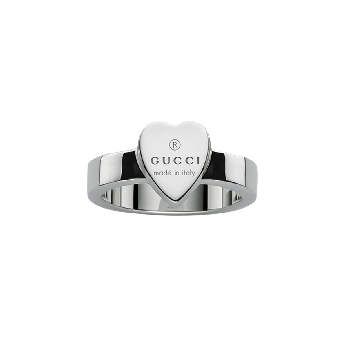 Gucci Trademark 4mm silver ring with heart charm and engraved Gucci detailing