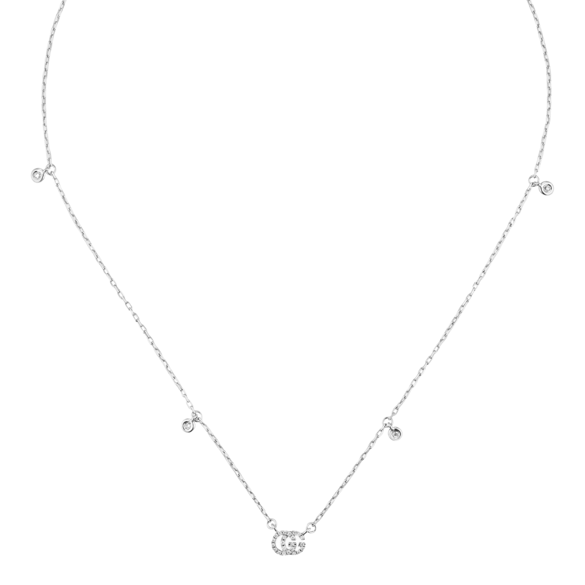 Up close of the interlocking GG diamond neckalce in 18Ct white gold.