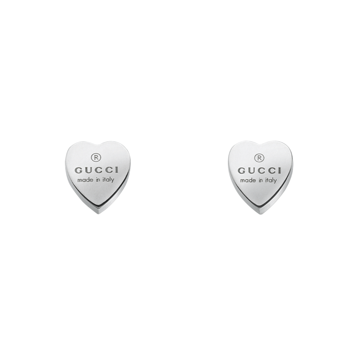 Front facing view of the Gucci Trademark heart earrings in 925 sterling silver and the iconic Gucci logo.