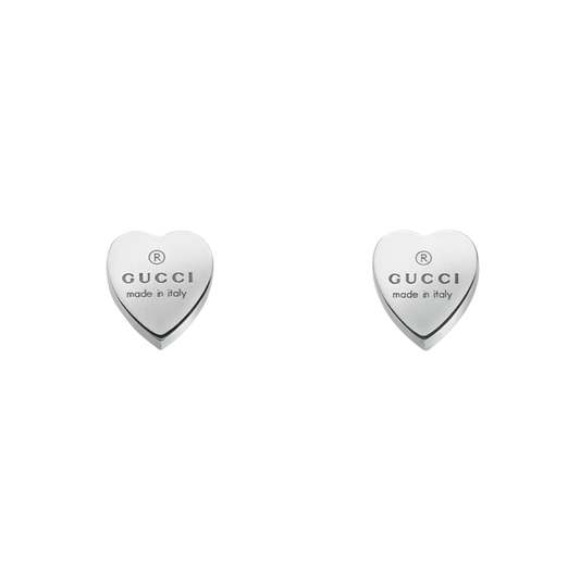 Front facing view of the Gucci Trademark heart earrings in 925 sterling silver and the iconic Gucci logo.