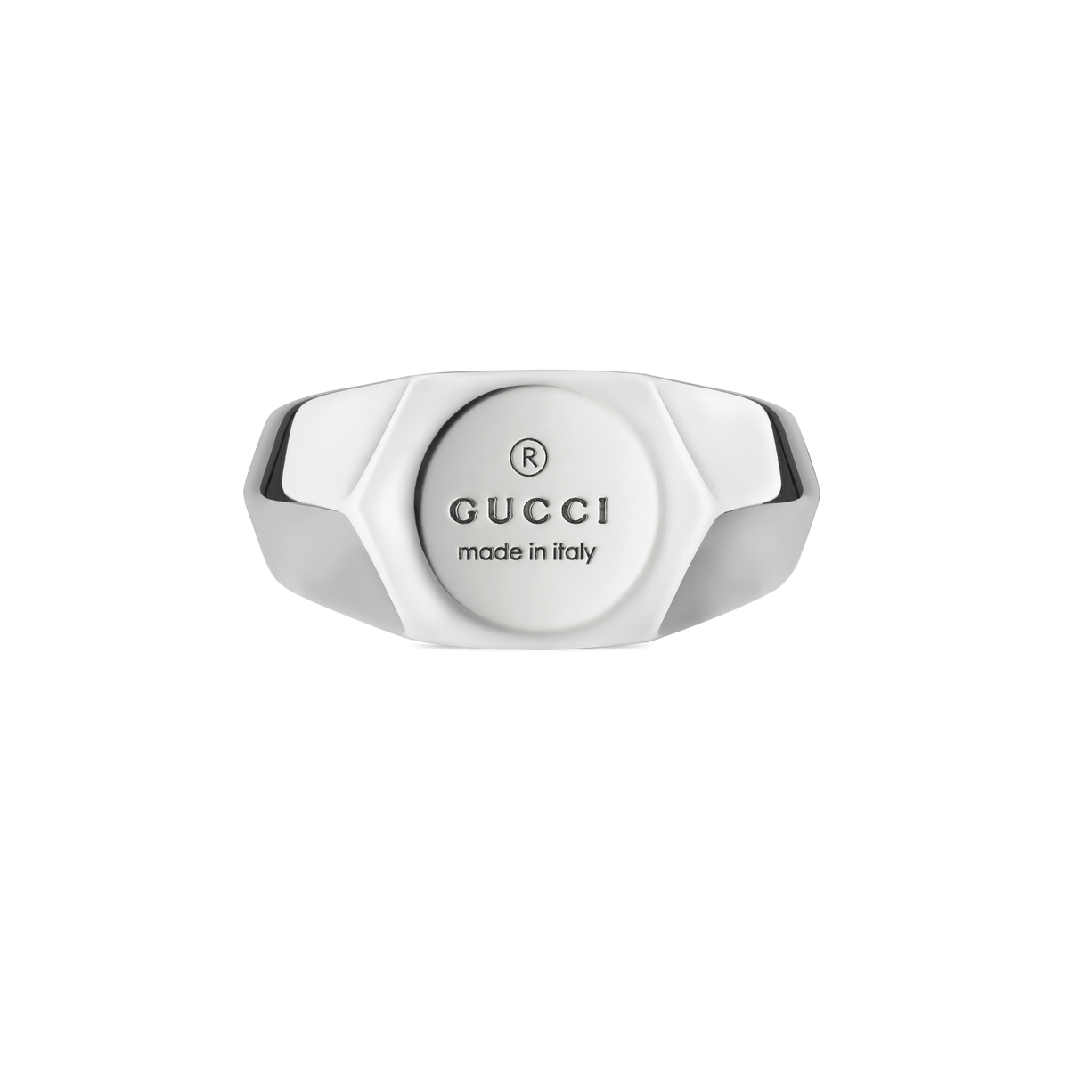 Gucci Trademark 10mm silver signet ring with signature Gucci logo and polished finish