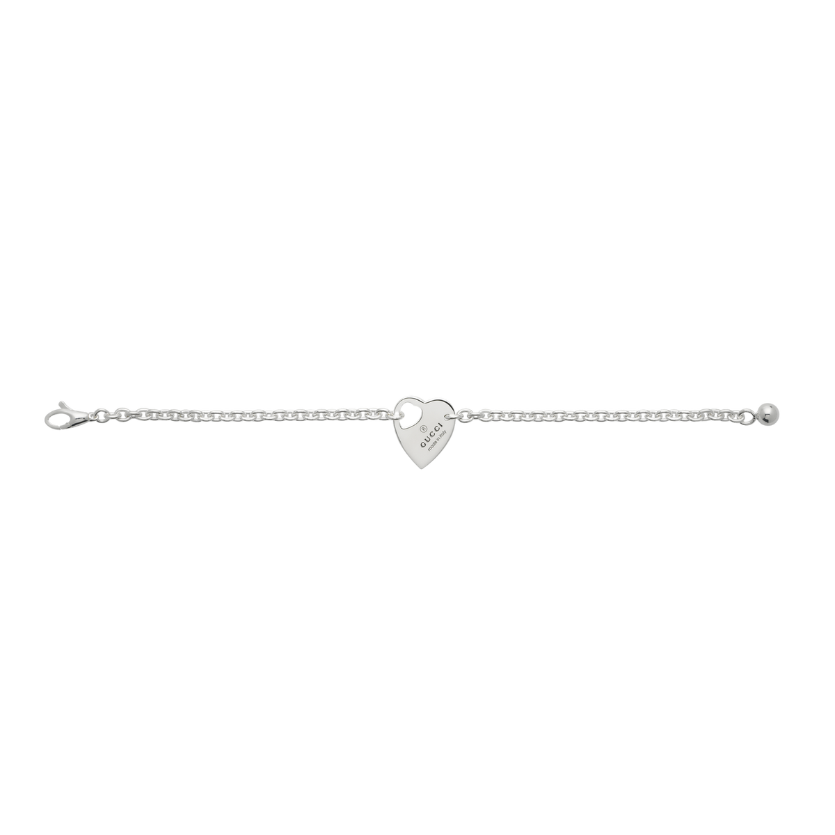 Understated yet instantly recognisable, this Gucci heart bracelet is crafted from high-quality 925 sterling silver and finished with the brand’s signature Trademark engraving. The heart-shaped charm adds a soft, romantic detail, making it an ideal everyday accessory or meaningful gift piece.