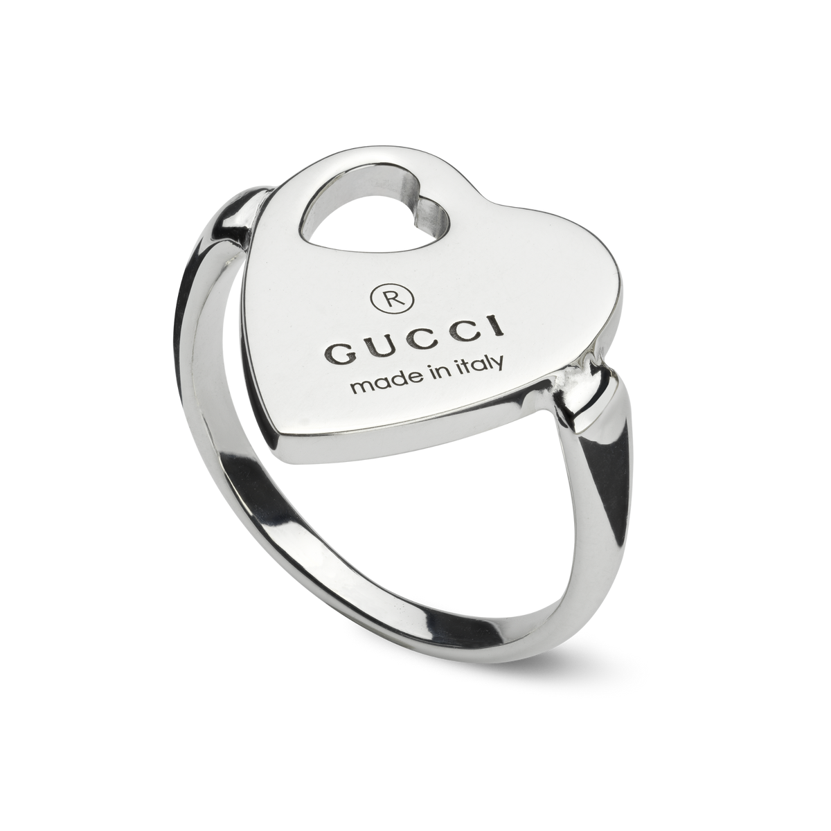 Gucci Trademark sterling silver ring with engraved heart motif and cut-out heart detail