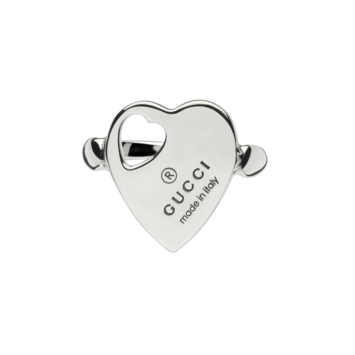 Gucci sterling silver ring featuring a polished heart motif with cut-out heart design