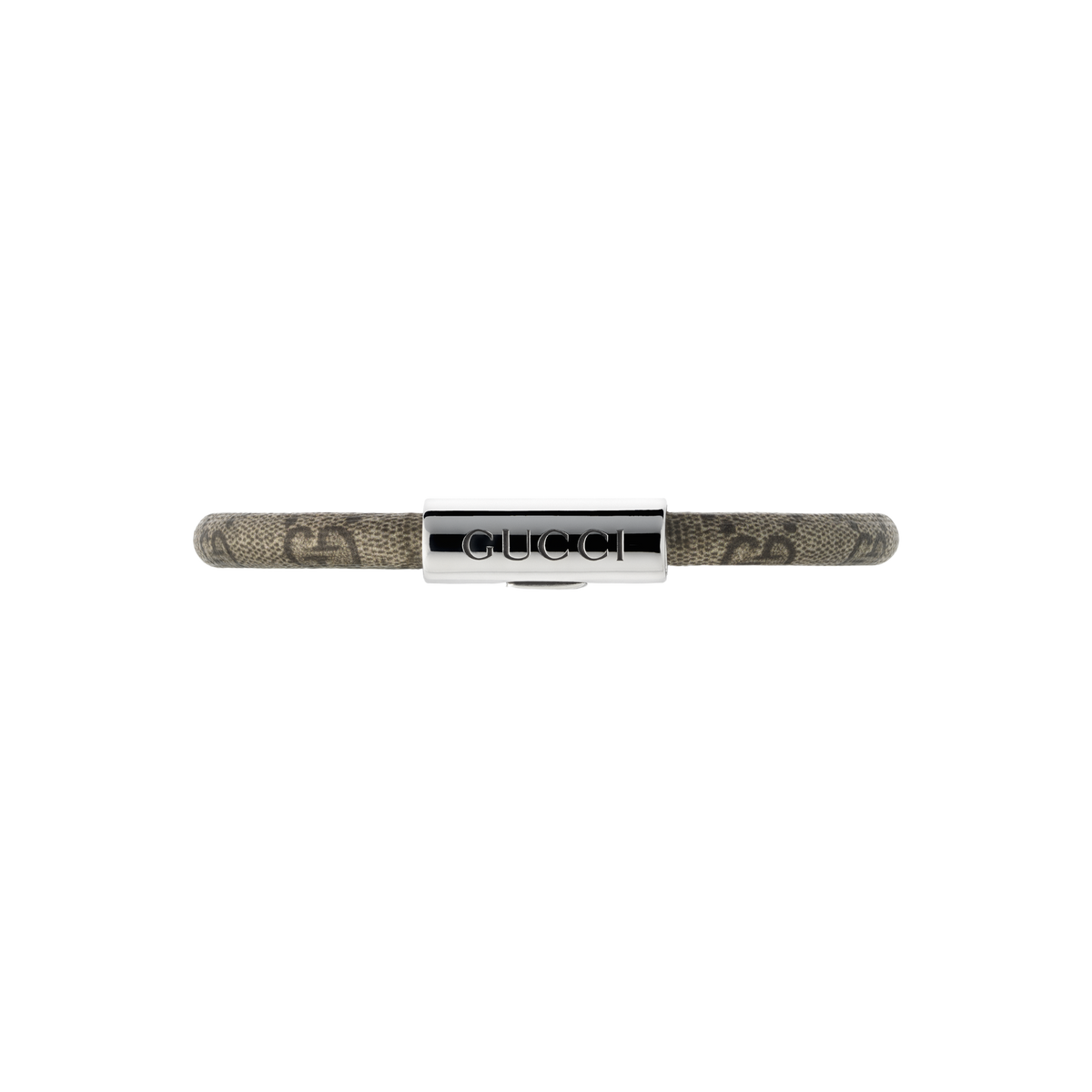 Understated yet instantly recognisable, this Gucci bracelet features beige and ebony GG Supreme canvas accented by a polished sterling silver Trademark tag. 