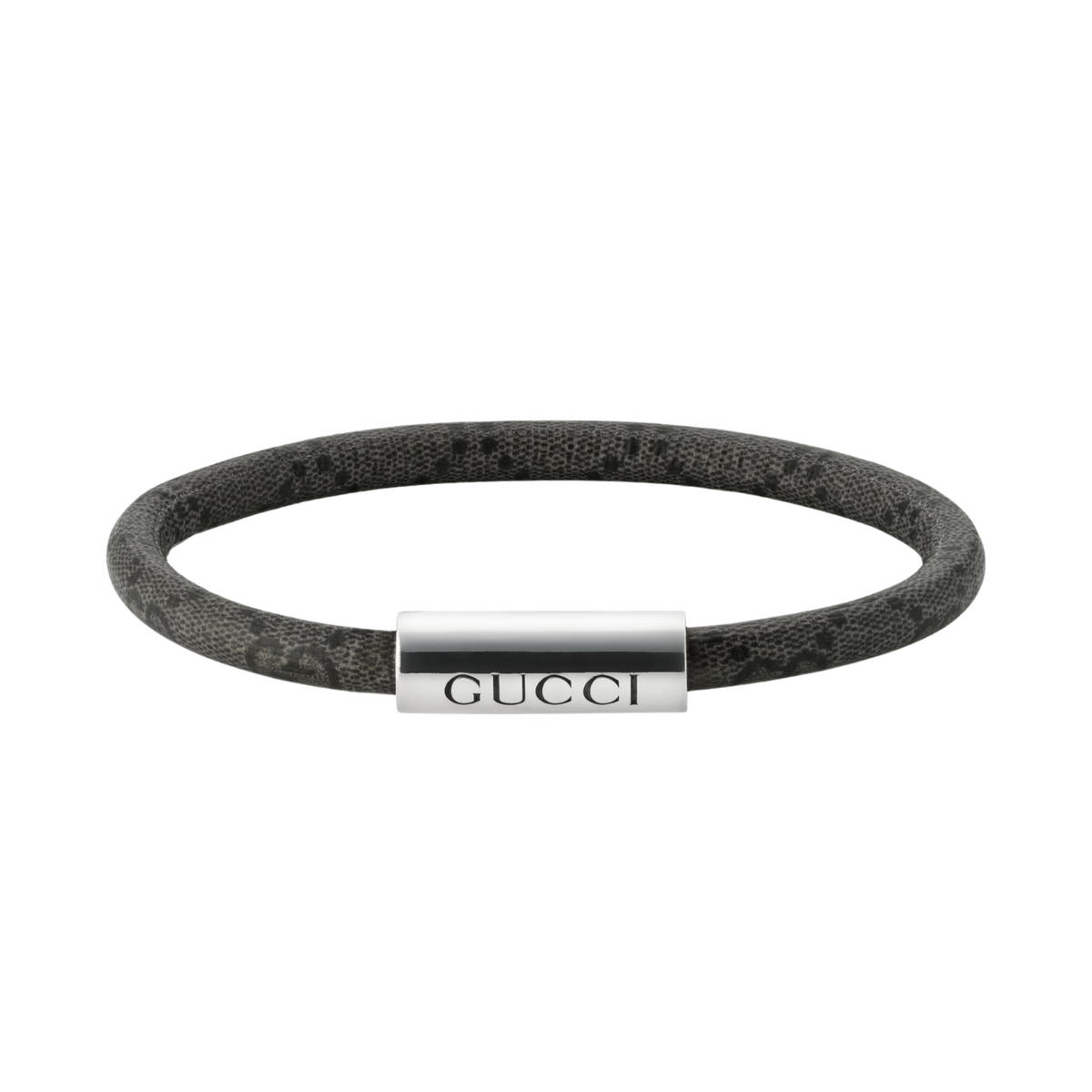 A modern interpretation of Gucci’s signature design language, this Trademark bracelet combines polished sterling silver with dark grey and black GG Supreme canvas for a sleek finish.