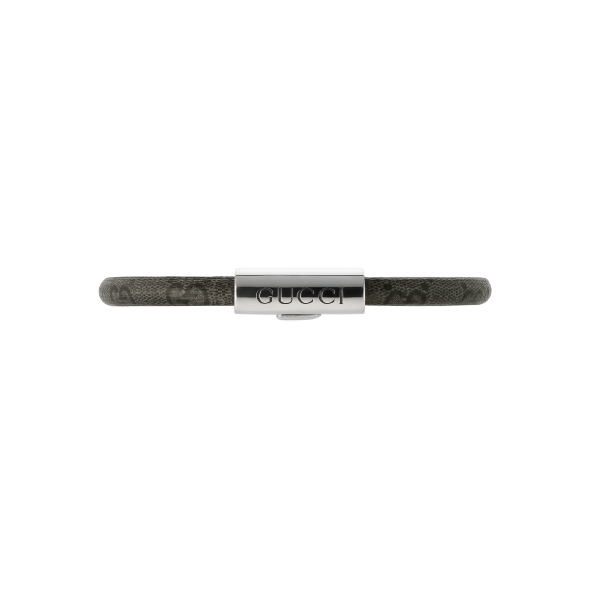 Understated yet instantly recognisable, this Gucci bracelet features dark grey and black GG Supreme canvas accented by a sterling silver Trademark tag. Inspired by the brand’s archival aesthetic, the design balances heritage branding with contemporary simplicity, creating a versatile statement piece for everyday wear.