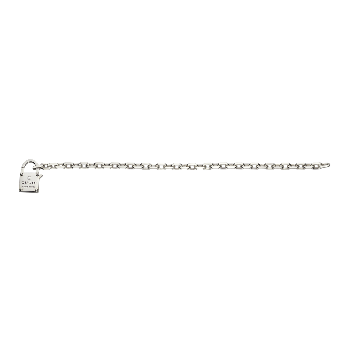 Understated yet instantly recognisable, this Gucci sterling silver bracelet features a polished chain design finished with a Trademark engraved padlock charm. The 17cm silhouette offers a refined, lightweight feel, while the Italian craftsmanship ensures timeless wearability with a distinctive designer edge.