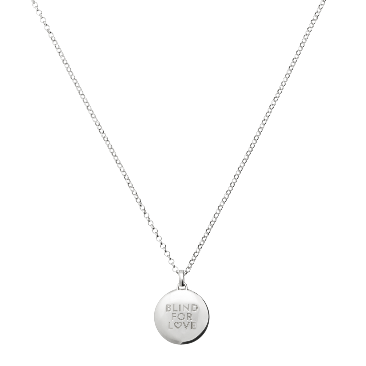 Round silver pendant necklace engraved with “Blind For Love”, featuring a clean minimalist design and fine chain for effortless everyday styling.