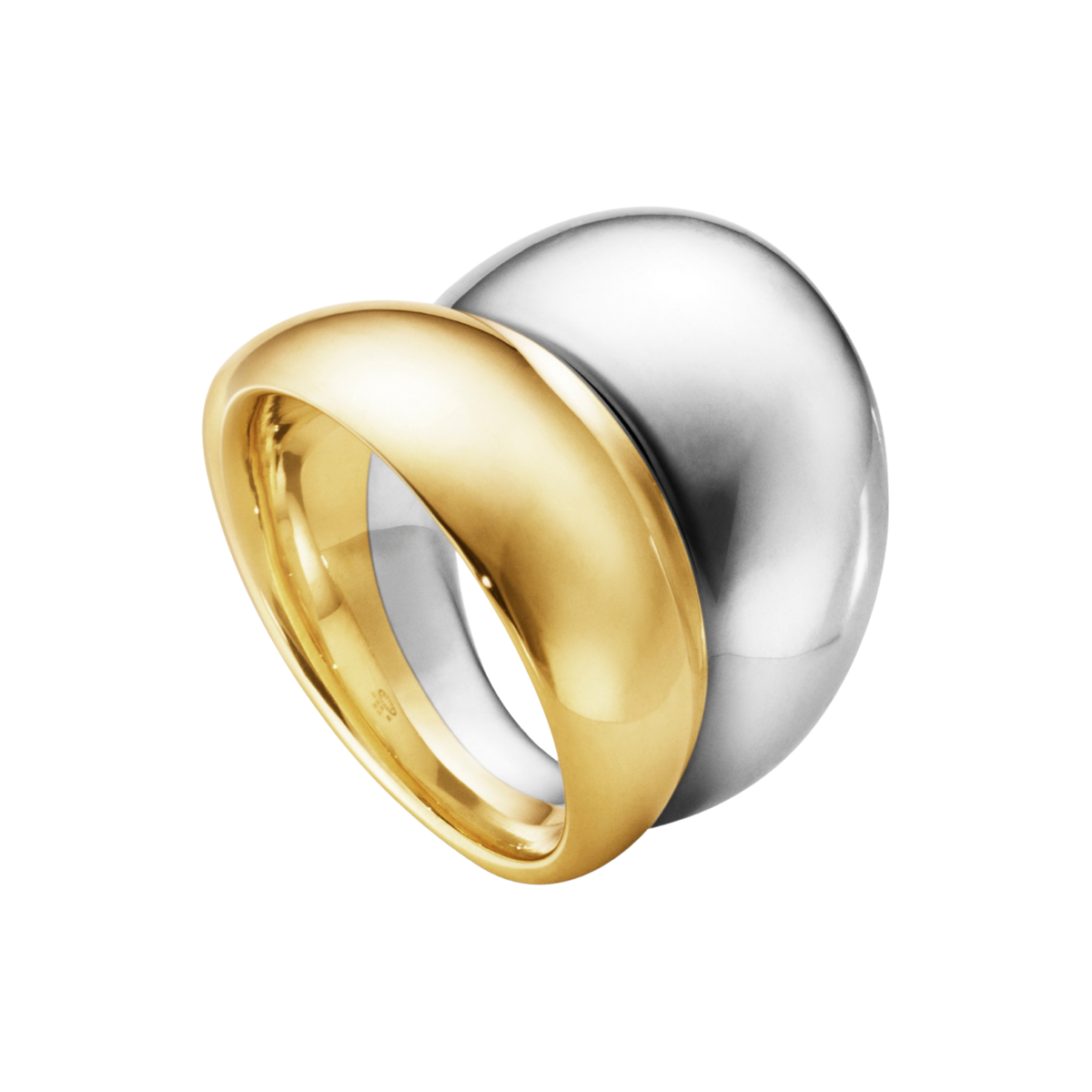 The Georg Jensen Curve Two Tone Ring is a striking expression of contemporary Scandinavian design, combining flowing curves of 18ct yellow gold and sterling silver to create a sculptural piece that feels both modern and timeless.