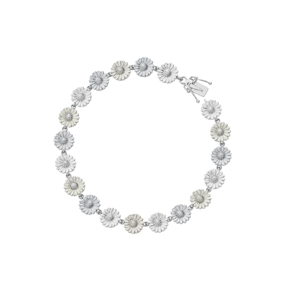 Georg Jensen Daisy sterling silver bracelet with white enamel flower detailing and polished silver finish