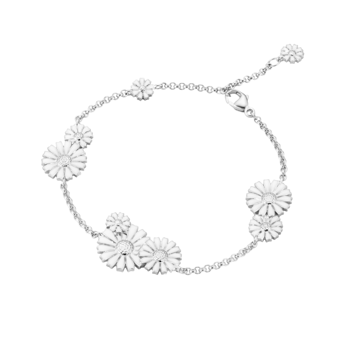 Designed for effortless elegance, the White Cluster Daisy Bracelet brings a delicate floral touch to every look. Wear it alone or layer it with your favourite silver bracelets.